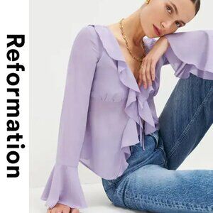 Reformation Lissy Top M Aura Lavender Lilac Tie Front Ruffle Bell Sleeves $168